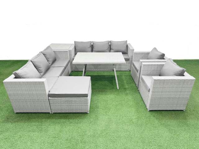 Rackhams 9 Seater Garden Furniture Set PE Rattan Garden Sofa Set with Rectangular Dining Table Big Stool Side Table Light Grey - image 1