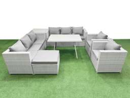 Rackhams 9 Seater Garden Furniture Set PE Rattan Garden Sofa Set with Rectangular Dining Table Big Stool Side Table Light Grey - thumbnail 1