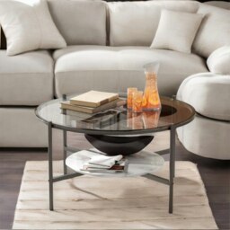 Rackhams 2 Tier Round Faux Marble Glass Coffee Table Heavy Duty Black - thumbnail 2