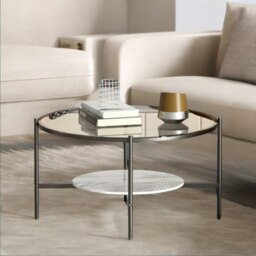 Rackhams 2 Tier Round Faux Marble Glass Coffee Table Heavy Duty Black - thumbnail 6