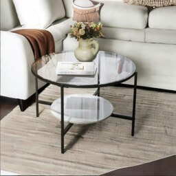 Rackhams 2 Tier Round Faux Marble Glass Coffee Table Heavy Duty Black