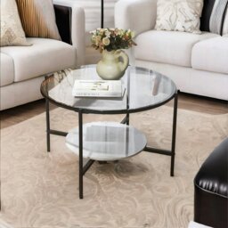 Rackhams 2 Tier Round Faux Marble Glass Coffee Table Heavy Duty Black - thumbnail 5