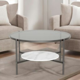 Rackhams 2 Tier Round Faux Marble Glass Coffee Table Heavy Duty Black - thumbnail 4