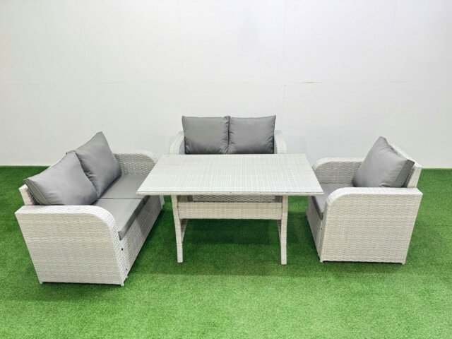 Rackhams High Back Poly Rattan Garden Furniture Set with Reclining Chair Loveseat Sofa Rectangular Dining Table Indoor Outdoor Patio  Set Light Grey - image 1