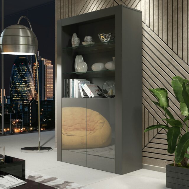 Rackhams Tall Display Cabinet 170cm Oak Matt Body and White Gloss Doors – Modern Open Shelving Unit (Copy) (Copy) - Matt Body & Gloss Doors - 170 - Full assembly required. - image 1