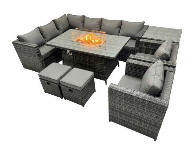 Rackhams Rattan Garden Furniture Dining Set 10 seater Gas Fire Pit Dining Table Corner Sofa Set with 2 Small Stool Side Table Dark Grey Mixed - image 1