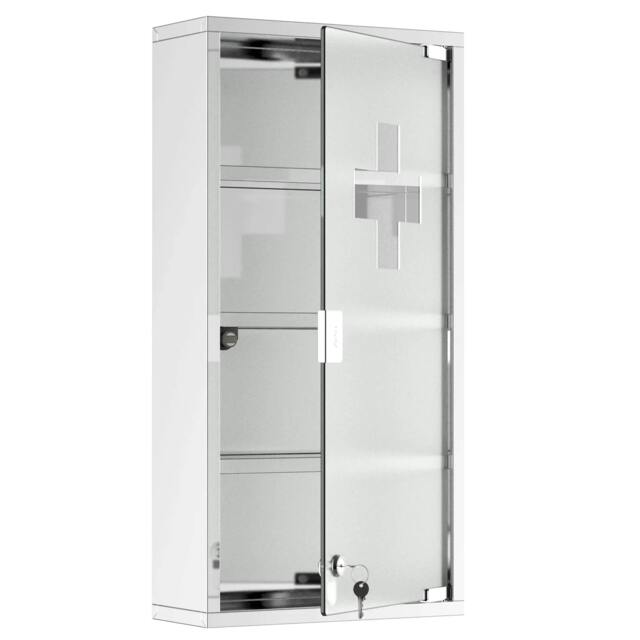 Rackhams 4 Tier Stainless Steel Wall Mounted Medicine Cabinet Glass Lockable Door Storage Shelves Houseware Bathroom Furniture 60Hx30Wx12D(cm) w/2 Keys - image 1