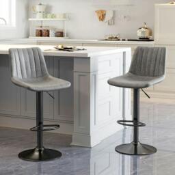 Rackhams Breakfast Bar Stools Set of 2, 59-80cm Sitting Hight Leather Upholstered Bar Chairs - Grey - thumbnail 2