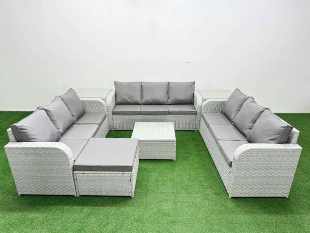 Rackhams PE Rattan Lounge Sofa Set 10 Seater Outdoor Garden Furniture Set with Square Coffee Table 3 Seater Sofa Big Footstool 2 Side Table Light Grey - image 1