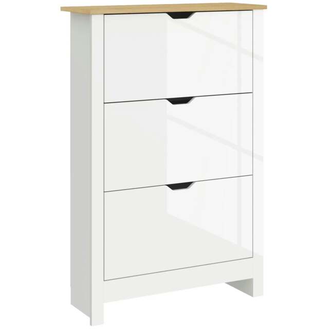 Rackhams Slim Shoe Cabinet, Narrow Shoe Cupboard with 3 Flip Drawers, Adjustable Shelves for 18 Pairs of Shoes, High Gloss White
