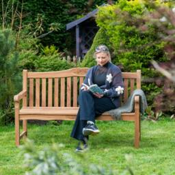 Rackhams Solid Teak 3 Seater Garden Bench with Flower & Leaf Carvings - thumbnail 6