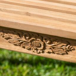 Rackhams Solid Teak 3 Seater Garden Bench with Flower & Leaf Carvings - thumbnail 3