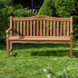 Rackhams Solid Teak 3 Seater Garden Bench with Flower & Leaf Carvings