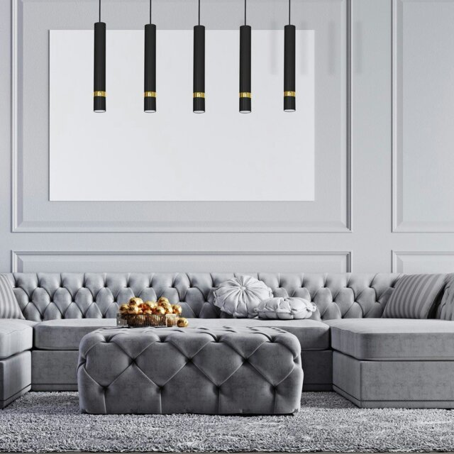 Rackhams Joker Contemporary Pendant Lamp 5XGU10 Hand Made Cylindrical Style Light Finished in Matt Black With Striking Gold Detail - image 1