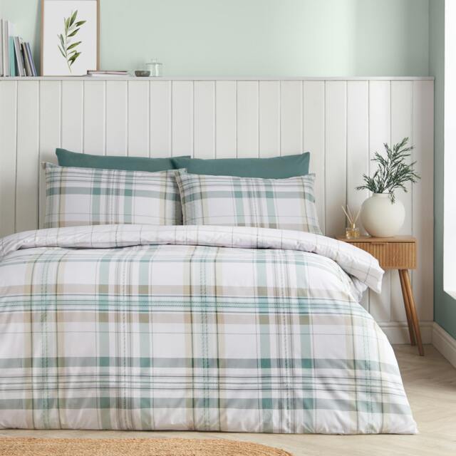 Rackhams Cartmel Check Reversible Duvet Cover Set Soft Green - Double - Soft Green - image 1