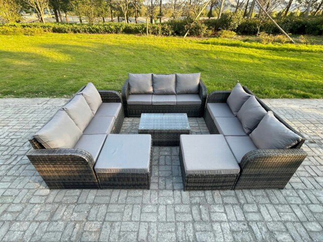 Rackhams Wicker PE Rattan Garden Furniture Set 11 Seater Outdoor Lounge Sofa Set with Coffee Table 2 Big Footstool Dark Grey Mixed - image 1