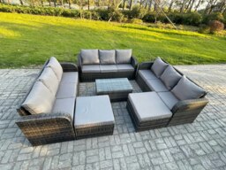 Rackhams Wicker PE Rattan Garden Furniture Set 11 Seater Outdoor Lounge Sofa Set with Coffee Table 2 Big Footstool Dark Grey Mixed - thumbnail 2