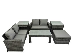 Rackhams Outdoor Love Sofa Set 5 Seat Rattan Garden Furniture Set with Oblong Coffee Table Big Footstool 2 Side Table Dark Grey Mixed - thumbnail 1