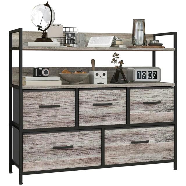 Rackhams Rustic Chest of Five Fabric Drawers - Grey Wood Effect - image 1