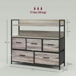 Rackhams Rustic Chest of Five Fabric Drawers - Grey Wood Effect - thumbnail 3