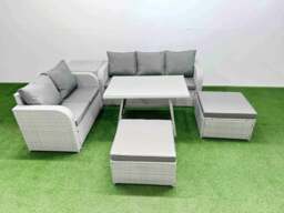 Rackhams Outdoor PE Rattan Garden Furniture Set Rectangular Dining Table Sofa Set with 2 Big Stool Side Table Light Grey - thumbnail 1