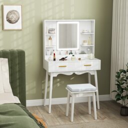 Rackhams Dressing Table with LED Lighted Mirror and Cushioned Stool White - White - Yes - Rectangular LED mirror