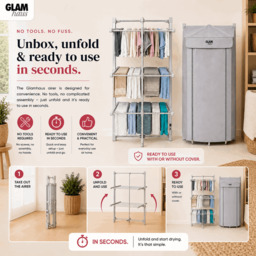 Rackhams Heated Clothes Airer Dryer Rack Aluminium with Cover Electric 220W - Indoor - Folds Flat for Easy Storage - thumbnail 2