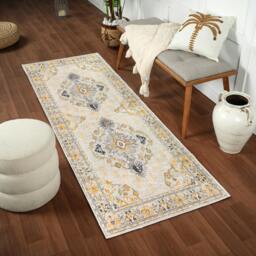 Rackhams Floransa-Vintage Beige Grey Blue Yellow Traditional Boho Rug - 80 x 220 cm - thumbnail 5
