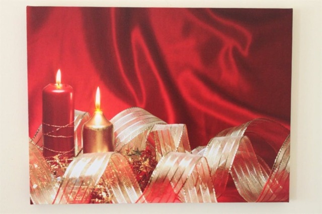 Rackhams Christmas Ribbon & Candles LED Canvas Picture Print, Wooden Frame Wall Art with Switch, 40cm x 30cm, Battery Powered