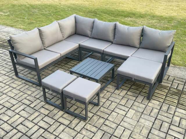 Rackhams 9 Seater Outdoor Lounge Corner Sofa Set Aluminium Garden Furniture Sets with Square Coffee Table 3 Footstools Dark Grey