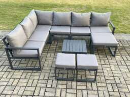 Rackhams 9 Seater Outdoor Lounge Corner Sofa Set Aluminium Garden Furniture Sets with Square Coffee Table 3 Footstools Dark Grey - thumbnail 2