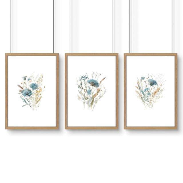 Rackhams Blue Color Wall Art - Set of 3 Botanical Wall art Prints - A2 16.54 x 23.39 in / 42 x 59.4 cm - Matte Museum Quality Art Paper 290 gsm - Oak Frame - image 1