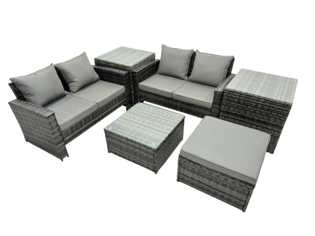 Rackhams PE Rattan Garden Furniture Set Lounge Double Seat Sofa Coffee Table Set with 2 Side Tables Big Stool Dark Grey Mixed - image 1