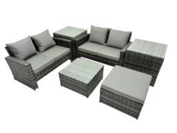 Rackhams PE Rattan Garden Furniture Set Lounge Double Seat Sofa Coffee Table Set with 2 Side Tables Big Stool Dark Grey Mixed - thumbnail 1