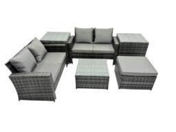 Rackhams PE Rattan Garden Furniture Set Lounge Double Seat Sofa Coffee Table Set with 2 Side Tables Big Stool Dark Grey Mixed - thumbnail 2