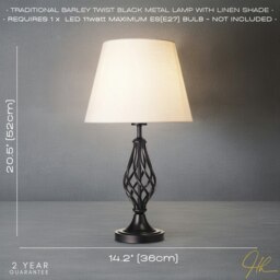 Rackhams Traditional Matte Black Table Lamp with Barley Twist Base and White Linen Shade - thumbnail 5