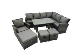 Rackhams 10 Seater Garden Outdoor Rattan Furniture Set Rattan Corner Sofa Oblong Dining Table with Armchair 3 Footstools Dark Grey Mixed - thumbnail 1