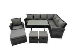 Rackhams 10 Seater Garden Outdoor Rattan Furniture Set Rattan Corner Sofa Oblong Dining Table with Armchair 3 Footstools Dark Grey Mixed - thumbnail 2