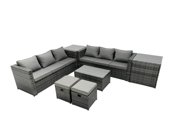 Rackhams Rattan Garden Furniture Dining Set 8 seater Patio Coffee Table Sofa Set with Side Table 2 Small Footstools Dark Grey Mixed - image 1