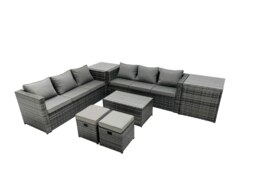 Rackhams Rattan Garden Furniture Dining Set 8 seater Patio Coffee Table Sofa Set with Side Table 2 Small Footstools Dark Grey Mixed - thumbnail 1