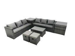 Rackhams Rattan Garden Furniture Dining Set 8 seater Patio Coffee Table Sofa Set with Side Table 2 Small Footstools Dark Grey Mixed - thumbnail 2