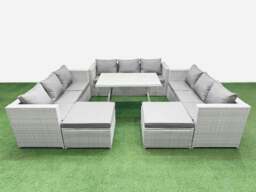 Rackhams 11 Seat Outdoor Patio PE Rattan Garden Furniture with Cushions 3 Seater Sofa 2 Big Stools Light Grey