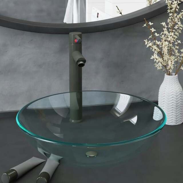 Rackhams Bathroom Sink with Tap and Push Drain Clear Tempered Glass