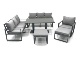 Rackhams Outdoor Garden Furniture Set Aluminium Lounge Sofa Adjustable Rising Lifting Dining Table Sets with 2 Big Footstools Dark Grey