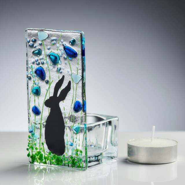 Rackhams Fused Glass Tea Light Holder – Hare & Forget Me Not Design (Handmade) - image 1