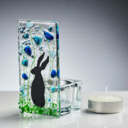 Rackhams Fused Glass Tea Light Holder – Hare & Forget Me Not Design (Handmade)