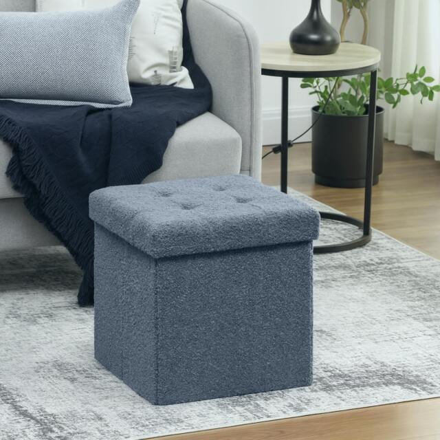 Rackhams Foldable Velvet-Feel Storage Ottoman, 38 x 38 x 38 cm, Grey - Blue - 1 - Ottoman Storage Box - image 1