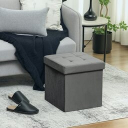 Rackhams Foldable Velvet-Feel Storage Ottoman, 38 x 38 x 38 cm, Grey - Blue - 1 - Ottoman Storage Box - thumbnail 3
