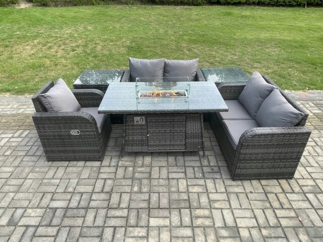 Rackhams Rattan Garden Furniture Set with Gas Fire Pit Dining Table,2 Side Tables Indoor Outdoor 6 piece Love Sofa set - image 1