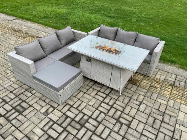 Rackhams Rattan 6 Seater Outdoor Garden Dining Furniture Set with Gas Fire Pit Dining Table & Big Footstool - Light Grey - image 1